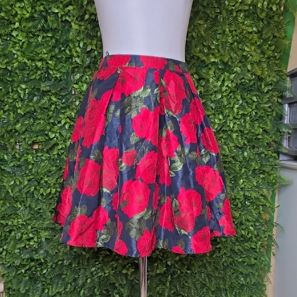 Sequin Hearts Red and Green Floral Skater Skirt